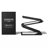 Black 'Samson Labs' 360° mirror with packaging on a white background