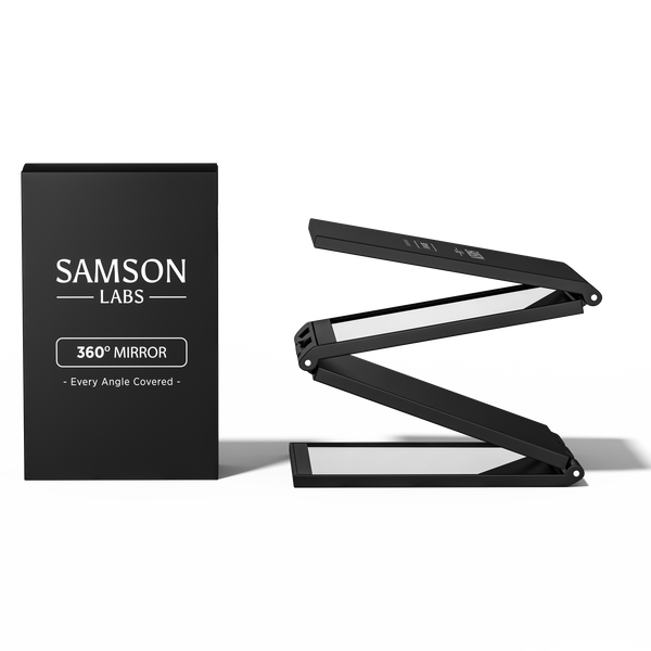 Black 'Samson Labs' 360° mirror with packaging on a white background